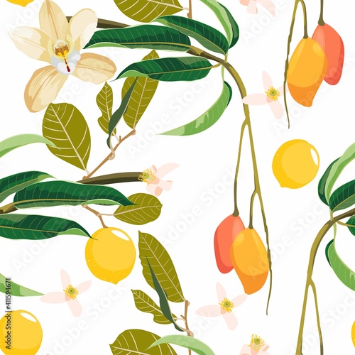 Seamless pattern, background with mango and lemon on white background. Hand drawn colorful  illustration.