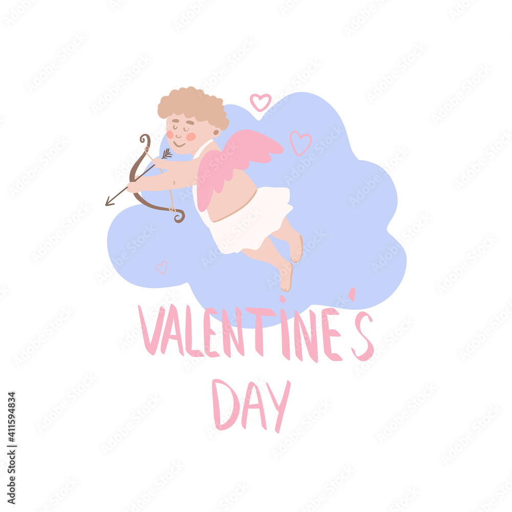 Vector valentine, cupid in love on a blue cloud, angel with wings and bow. Hand drawn illustration Vector valentine, cupid in love on a blue cloud, angel with wings and bow. Hand drawn illustration