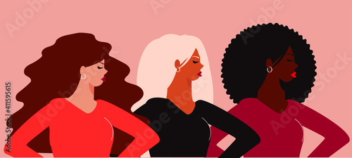 Three women from different nationalities united and standing. Group of young girls represent sisterhood and friendship. women's rights and gender equality. Female empowerment movement concept. Vector.