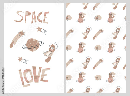 Vector cats in outer space with planets and stars. Seamless pattern with funny animal astronauts.