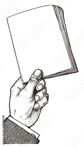 Male human hand holding a book, brochure or booklet. Illustration after an antique engraving from the early 20th century