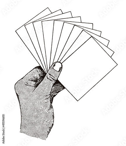 Human hand holding a number of blank cards or slips of paper. Illustration after an engraving from the early 20th century