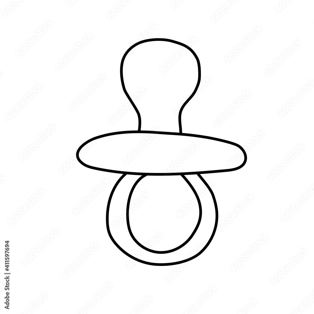 Illustration with a baby pacifier on a white isolated background. Vector clip art in doodle style for a children's store, website, postcard or poster Illustration with a baby pacifier on a white isolated background. Vector clip art in doodle style for a children's store, website, postcard or poster