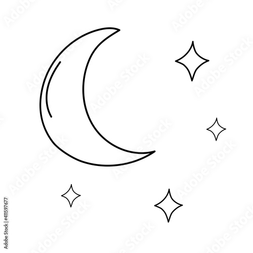 Illustration of a crescent moon and stars on a white background. Vector clipart is black in doodle style. Perfect for chidren closes, wallpapers, dishes or for coloring book