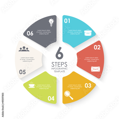 Vector circle infographic template for round diagram, graph, web design. Business concept with 6 steps, options or processes. Isolated on white background.