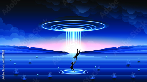 Abstract Sky Forest Background Silhouette With Flying Sauce Ufo NIght Clouds Mountains Kidnaps People Vector Design Style