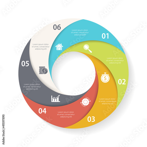 Vector circle infographic template for round diagram, graph, web design. Business concept with 6 steps, options or processes. Isolated on white background.