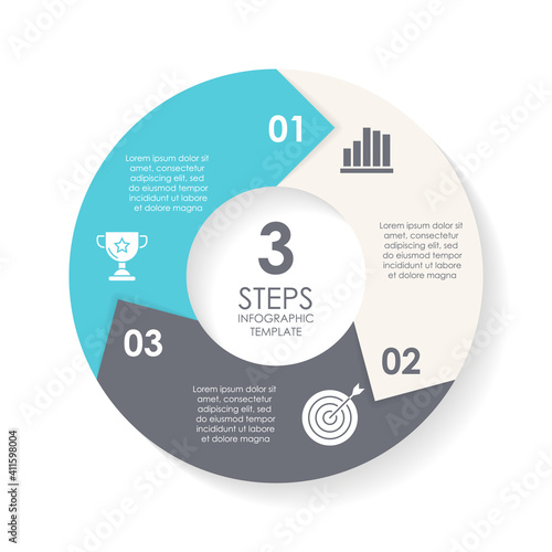 Vector circle infographic template for round diagram, graph, web design. Business concept with 3 steps, options or processes. Isolated on white background.