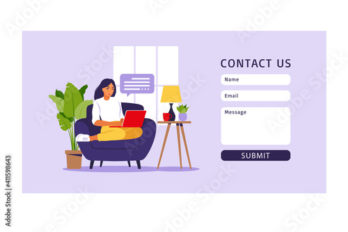 Contact us form template for web and Landing page. Freelancer girl working at home on laptop. Online customer support, help desk concept and call center. Vector illustration in flat.