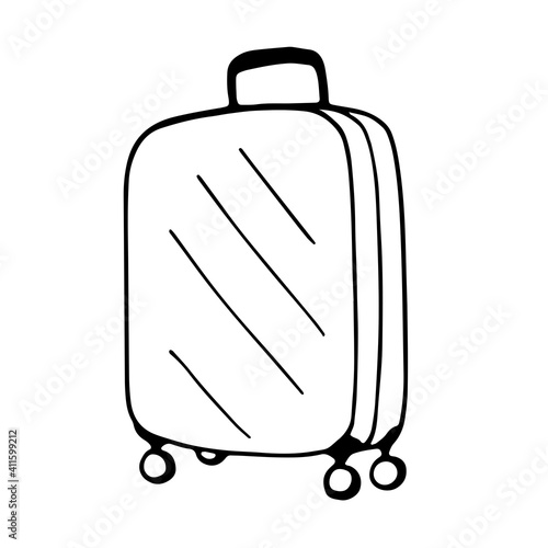 Outline image of a suitcase. Hand drawn doodle illustration, black image on white background. Travel bag on wheels. Linear art. Vector illustration.