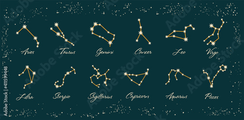 Set of signs of the zodiac, constellations. Horoscope symbols, stars, vector set of astrological signs, on a green background. Illustrations for ancient alchemy. Astrological constellations