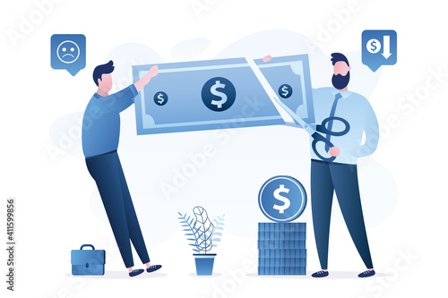 Boss cut salary for employee. Entrepreneur uses scissors for cut banknote. Male clerk loss part of wages. Economic crisis,