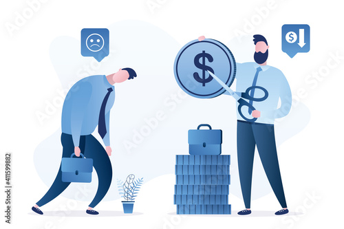 Boss cut salary for employee. Businessman uses scissors for cut coin. Unhappy male clerk after fall wages. Economic crisis, business problems concept.