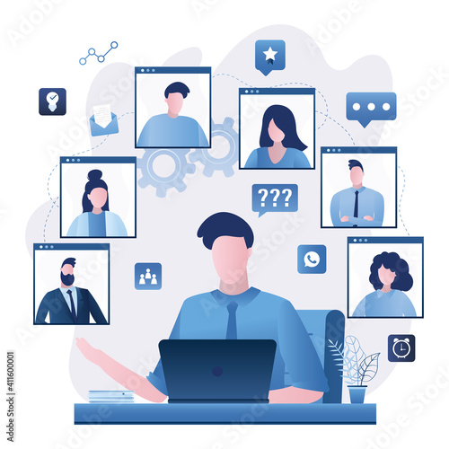 Businessman uses laptop. Video conference, teamwork. Online meeting work from home or office. Male employee talking with colleagues in network.