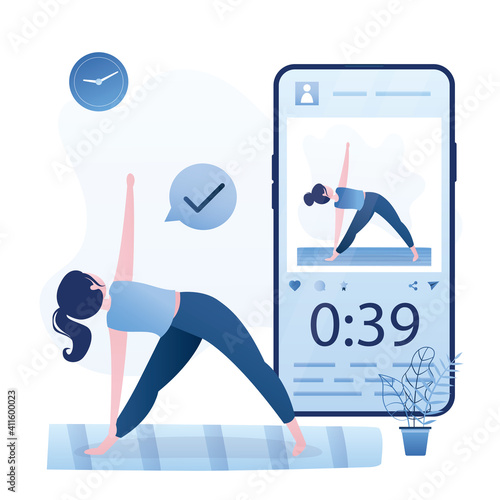 Yoga course on smartphone screen. Beauty woman standing in yoga pose. Technology of video lessons, workout app. Fitness online.