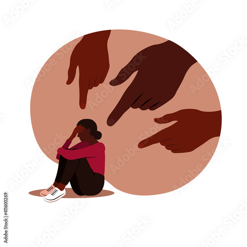 Hands of people point to the african girl. Opinion and the pressure of society and shame concept. Non-confident african woman. Vector flat