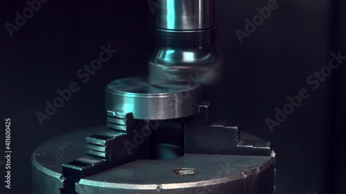 Industrial Gear system rotating with futuristic geometry. Movement of metal gears in a mechanical device with high detailed grungy textures.