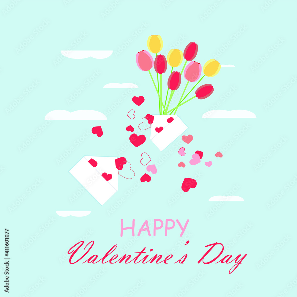 Happy Valentine's Day banner. Envelope with heart tulipe white cloud on blue art design stock vector illustration for web, for print