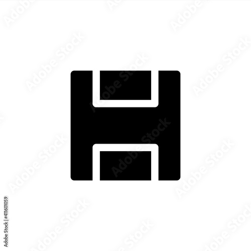 Floppy disk icon for the save command in glyph style or solid black. Vector