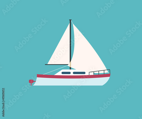 Flat style illustration of a modern sailing yacht on the sea. Illustration for vacation trip, sailing or fishing. Simple flat stiyle icon