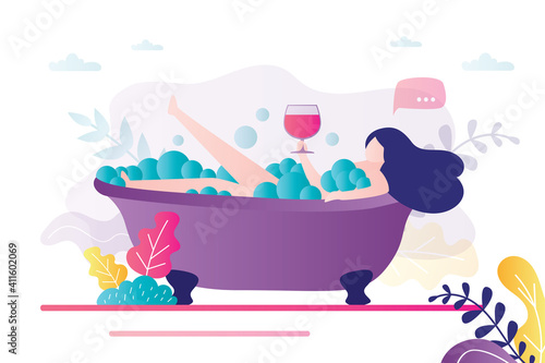 Cute woman taking bath with bubbles. Female character relaxes in bath with foam. Cartoon girl in bathroom lies with large glass of wine.