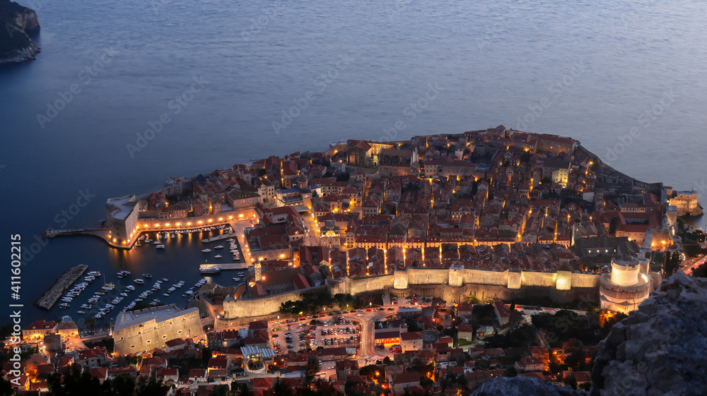 Dubrovnik Old Town Night time aerial 