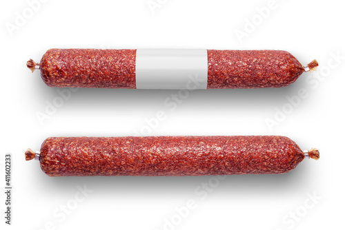 Dry salami sausage with blank label isolated on white background.
