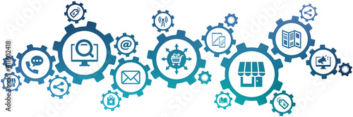 Multichannel marketing vector illustration. Concept with icons related to multi or omni channel marketing strategy, sales and retail, advertising, ecommerce and customer service / communication.