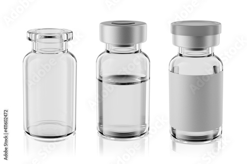 Vaccine clear glass injection vials set isolated. 3d rendering mockup. photo