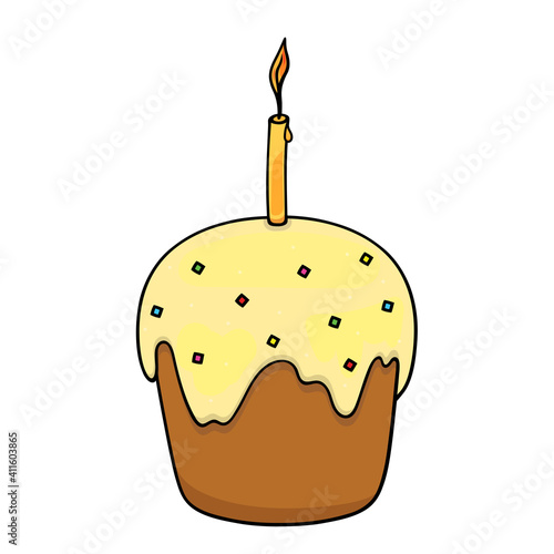 Vector illustration of an Easter cake with a candle. Isolated cupcake on a white background.