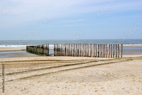 Wave breaker made of wooden stakes on the beach, Renesse, Netherlands