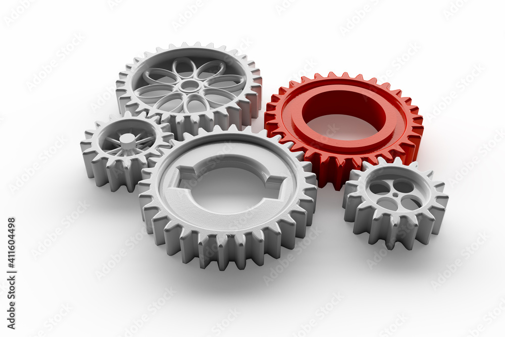 3D Illustration harmonischer Teamarbeit mittels eines Getriebes bestehend aus unterschiedlichen weißen und roten Zahnrädern 3D Illustration harmonischer Teamarbeit mittels eines Getriebes bestehend aus unterschiedlichen weißen und roten Zahnrädern