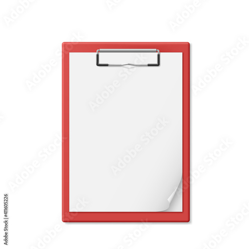 Red clipboard with a few sheets of paper. Realistic style. Notepad for documents