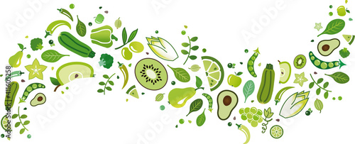green fruit and vegetables banner – vector illustration. Flat lay of drawn food and ingredients icons isolated on white. Healthy eating, balanced diet or dieting, vegetarian / vegan, detox, nutrition.