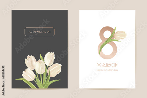 Women international day greeting. Vector floral card illustration. Realistic tulip flowers template background