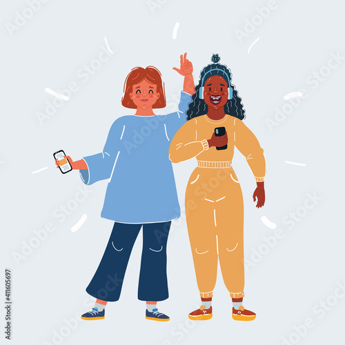 Vector illustration of Funny two beautiful best friends teen girls posing together on white backround.