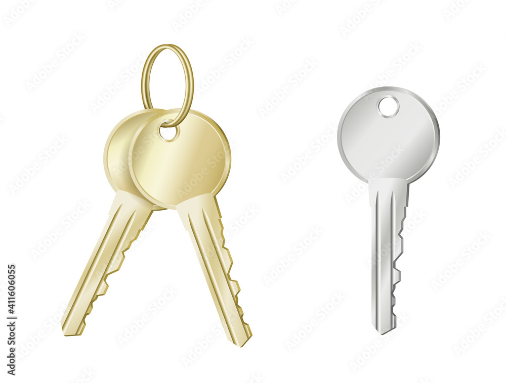 Realistic keys in gold and silver. Keychain isolated on white background Realistic keys in gold and silver. Keychain isolated on white background