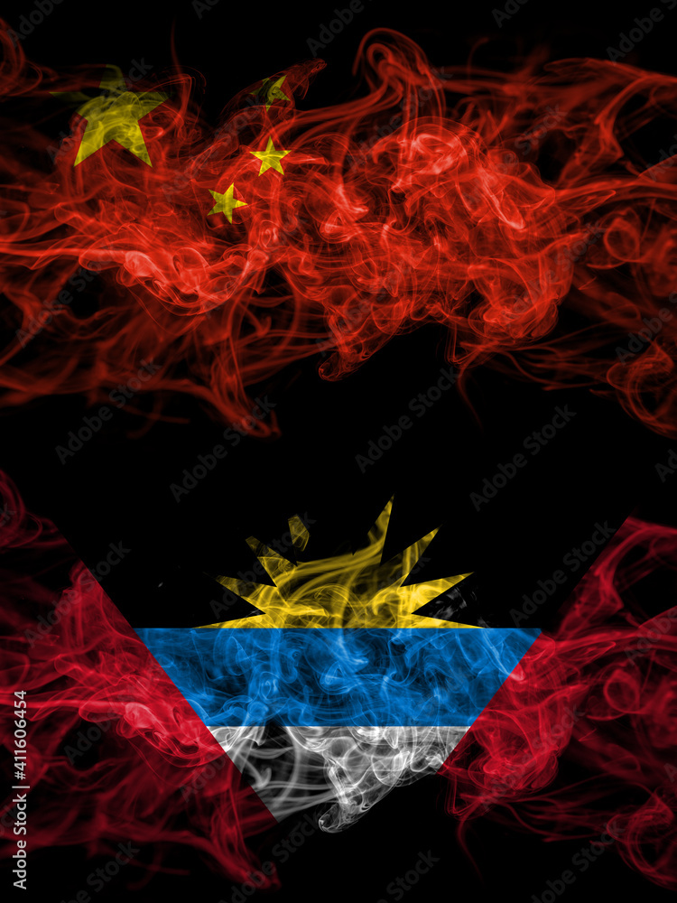 China, Chinese vs Antigua and Barbuda, Antiguan and Barbudan smoky mystic flags placed side by side. Thick colored silky abstract smoke flags. China, Chinese vs Antigua and Barbuda, Antiguan and Barbudan smoky mystic flags placed side by side. Thick colored silky abstract smoke flags.