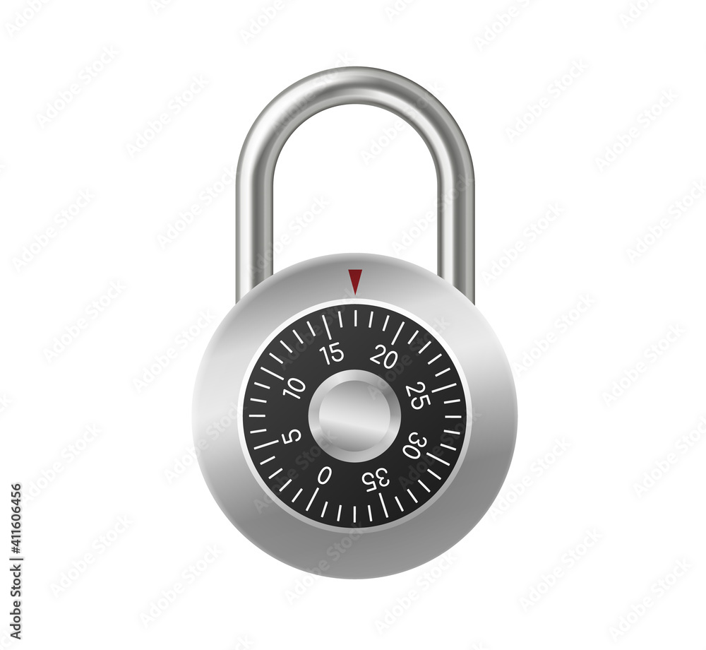 3d padlock. Realistic closed chrome silver lock with mechanical combination isolated 3d padlock. Realistic closed chrome silver lock with mechanical combination isolated