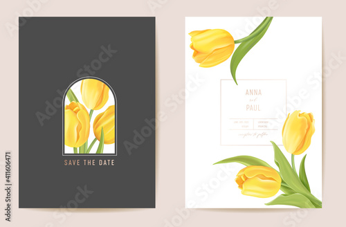 Floral wedding modern tulip vector Invitation. Flower Save the Date set. minimal spring card
