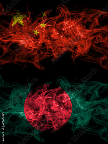 China, Chinese vs Bangladesh, Bangladeshi smoky mystic flags placed side by side. Thick colored silky abstract smoke flags.