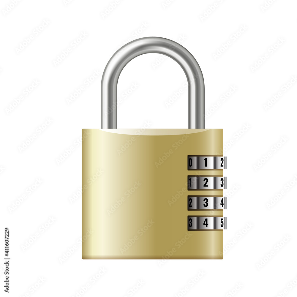 Combination padlock realistic closed on white background. Chrome steel lock template Combination padlock realistic closed on white background. Chrome steel lock template