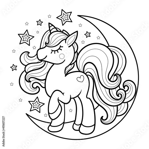 Cartoon unicorn on the moon. Black and white image for coloring. Vector image.