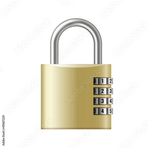 Combination padlock realistic closed on white background. Chrome steel lock template