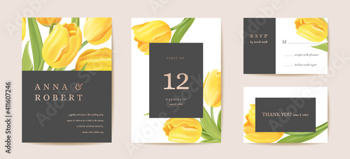 Floral wedding modern tulip vector Invitation. Flower Save the Date set. minimal spring card #411607246
