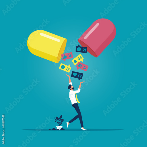 Social media addiction concept-addicted to social media and online feedback, Businessman grabbing Social media notifications, social media addiction is like a drug