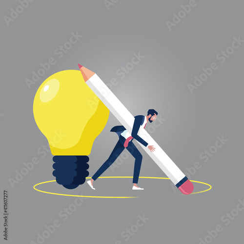 Think out side the box concept, think different, Businessman found a good idea and rubbing circle line to outside, creative idea for solution