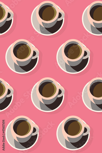 Minimal flat coffee cup icon/symbol on pastel pink background, simple morning breakfast vibes seamless pattern