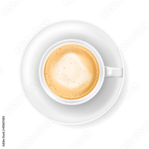 Top view at white coffee cup on plate. Realistic vector illustration of hot coffee drink mug - cappucino or latte. 3d caffeine beverage element for cafe menu