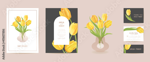 Wedding modern tulip flower Save the Date set. Vector minimal spring floral invitation card